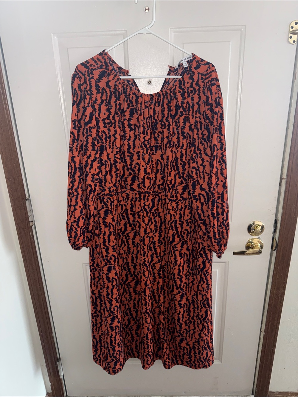Orange and Navy Printed Long Sleeve Midi Dress